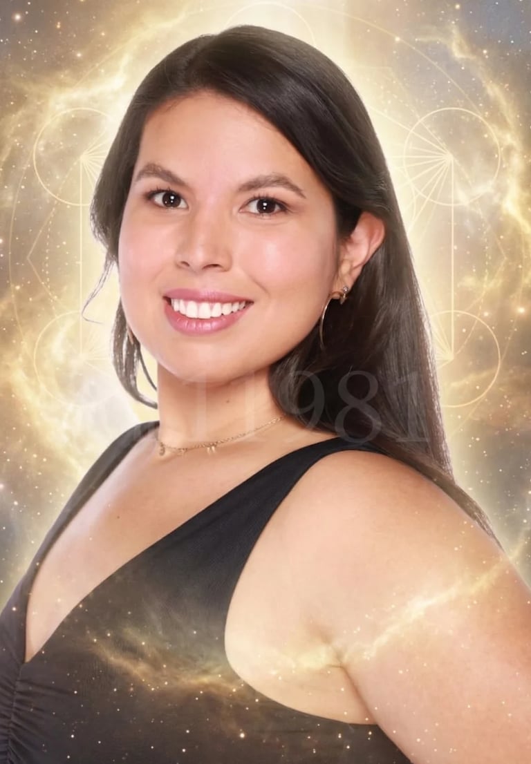 Portrait of a smiling woman with long dark hair wearing a black dress against a golden sparkling background