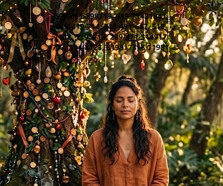 Woman in orange shirt standing under hanging ornaments and garland decorations in a garden setting
