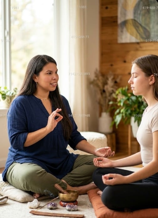 Two women sitting cross-legged on floor facing each other in conversation during a meditation or wellness session