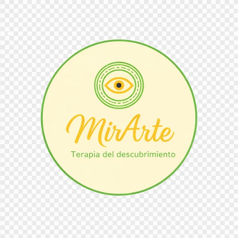 MirArte logo with eye symbol and green circle border, featuring yellow script text and tagline about discovery therapy